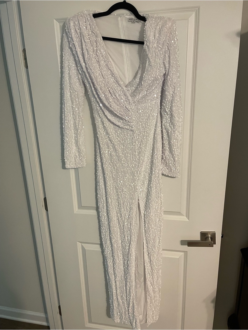 White Sequin Long Sleeve Draped-Front Evening Dress